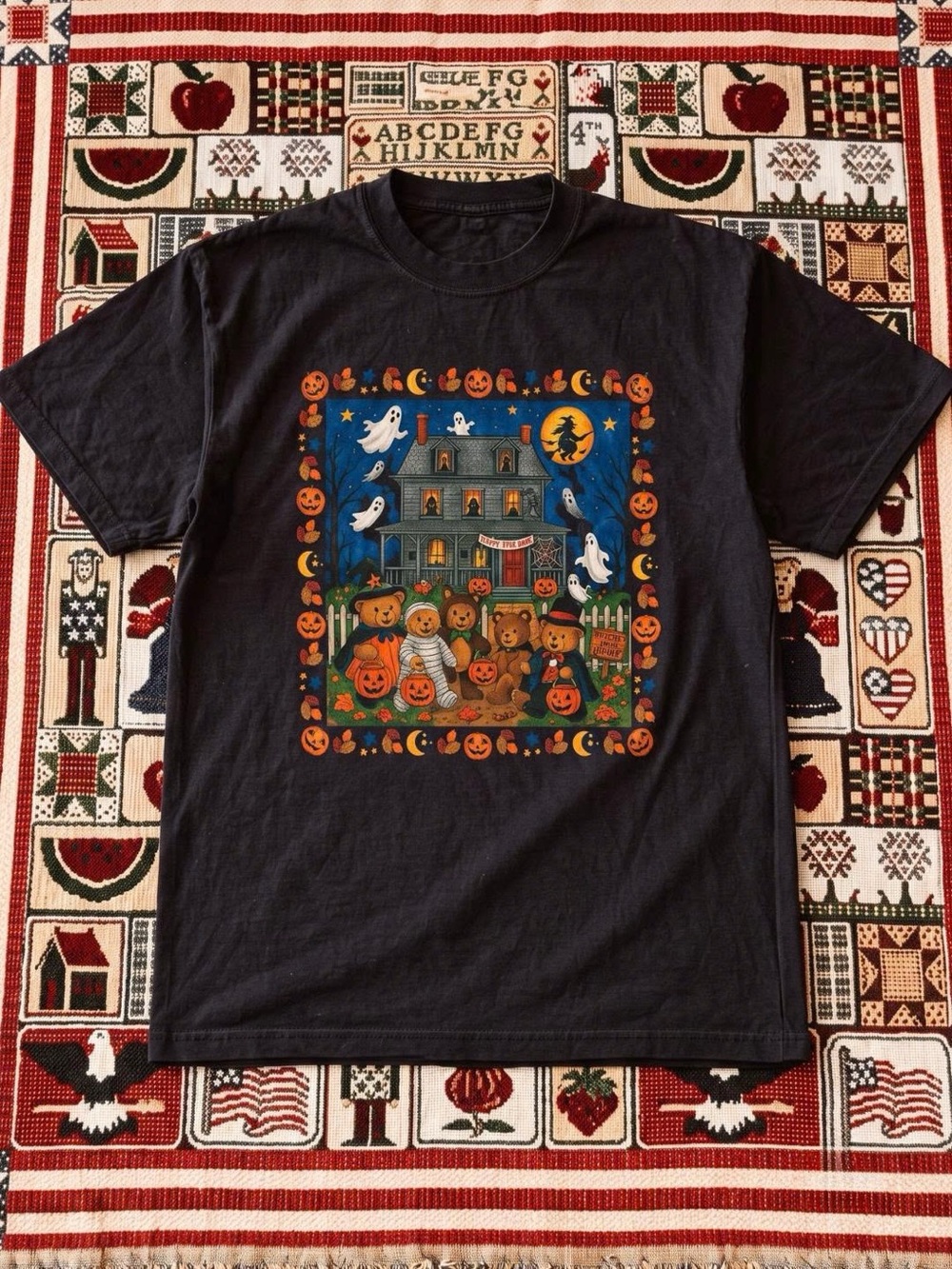 Black Halloween Graphic Tee - Festive Haunted House Design
